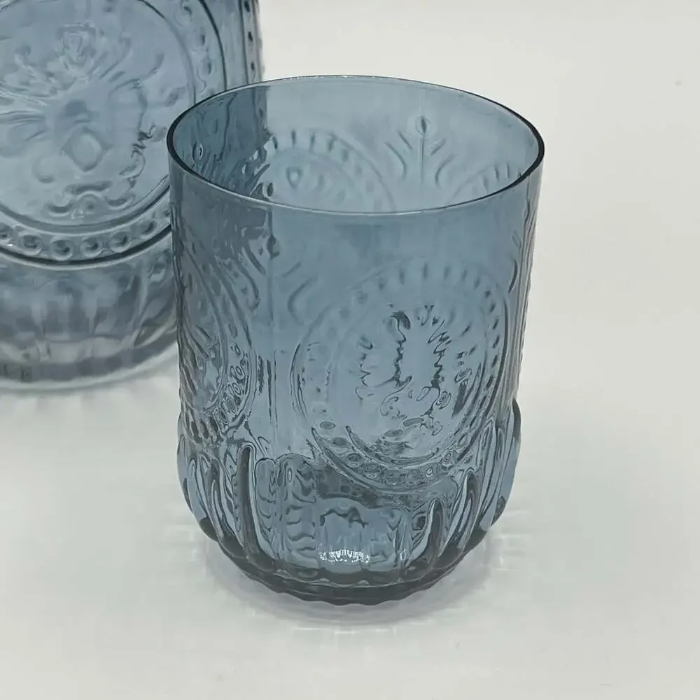 NWOT Art Glass Smokey Blue Embossed Pressed Design Tumble Up Set As Is
